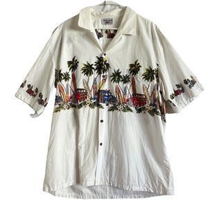 Vintage Pacific Legend Men's Button Down Hawaiian Shirt Cars White Size 2XL
